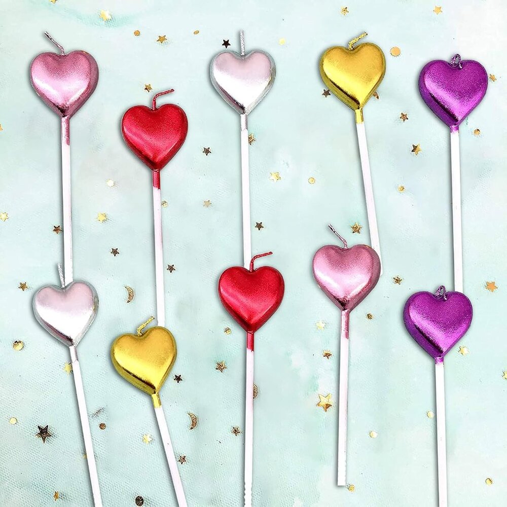 10 Cute Heart Shaped and Star Birthday Candles Multi-Color Cake Candle Toppers f